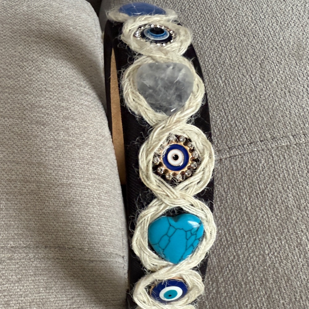 Bohemian Beaded Headband with Evil Eye Charms and natural Quartz